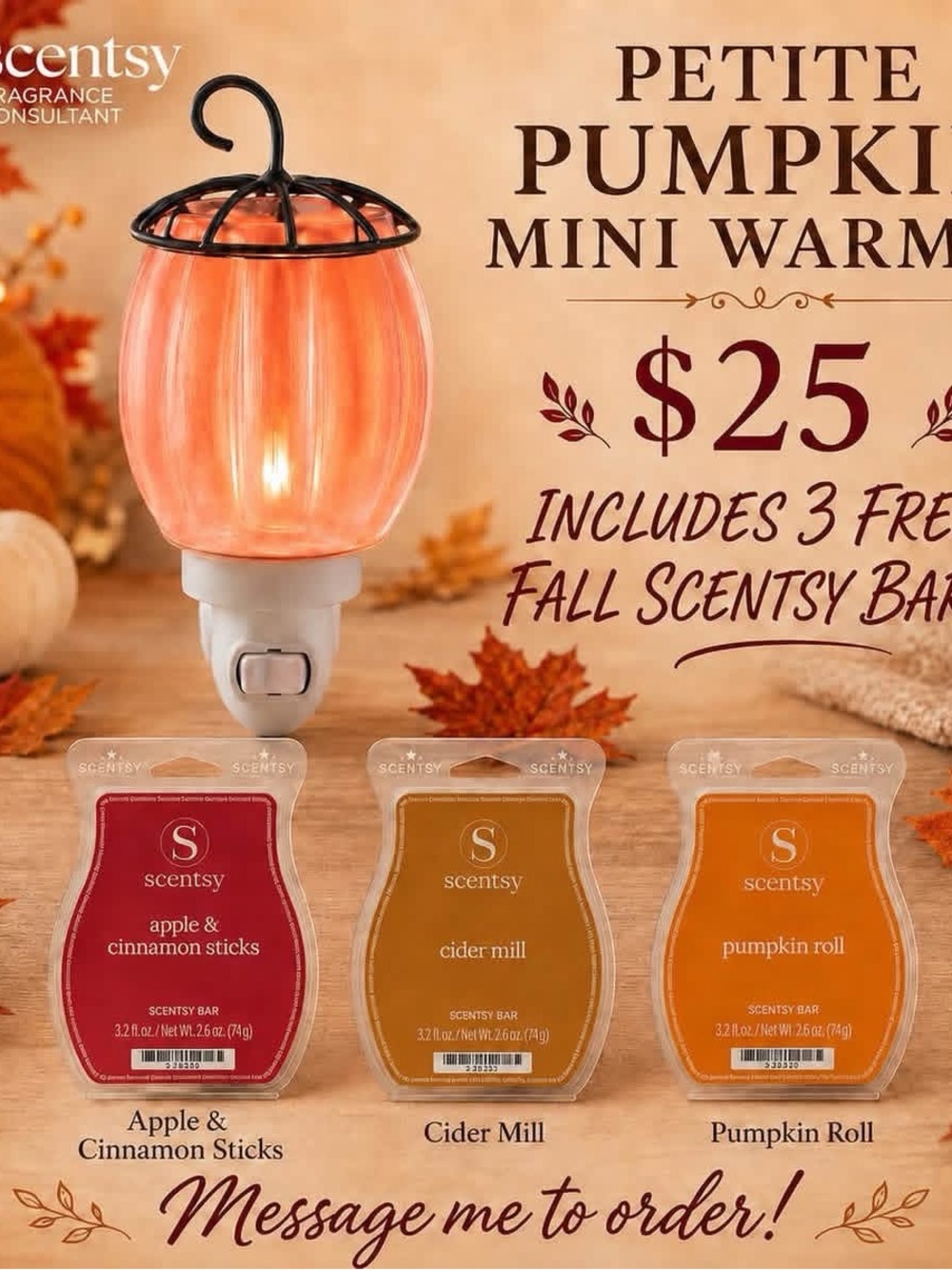 Scentsy Petite Pumpkin Mini Warmer plus 3 bars- Iridescent Orange Glow